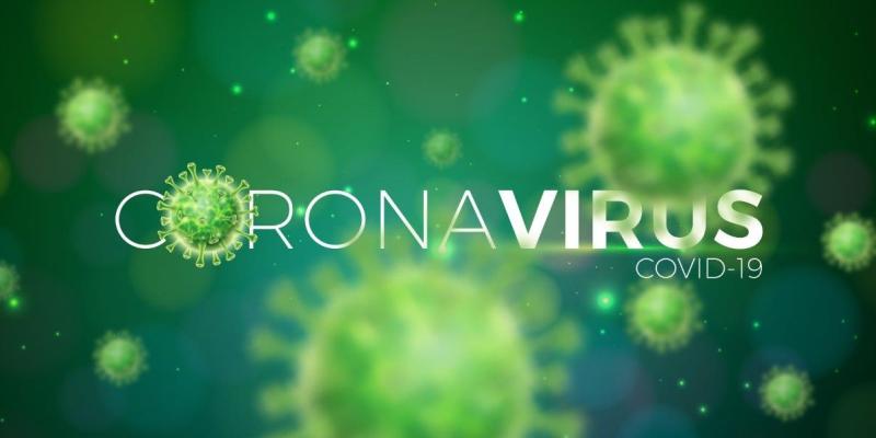 grafika przedstawiająca symbol wirusa, napis koronawirus